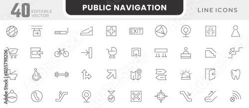 Public navigation line icon set. shopping mall, park, toilet, Taxi, education, barber, Internet, Disability, center, store, market, elevator, exit line icon set. UI thin line icon pack.
