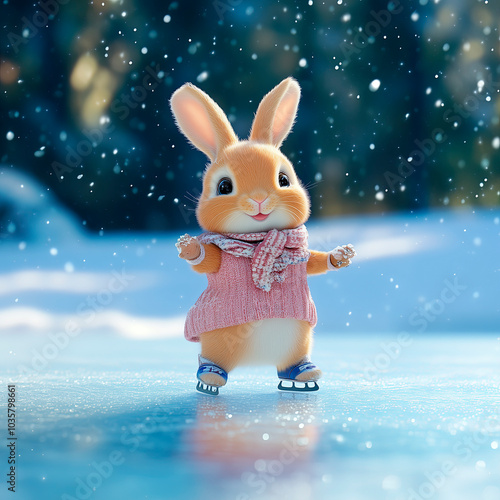 Happy bunny skates on ice on a winter landscape background photo