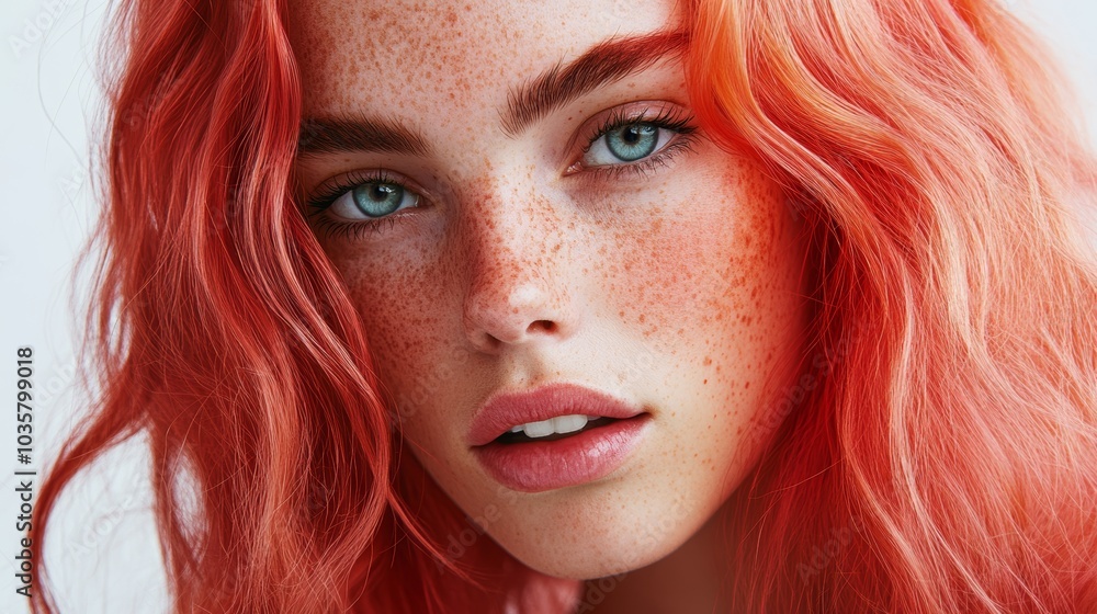 Fototapeta premium A close-up portrait of a model with unconventional beauty, freckles, and a bold hairstyle
