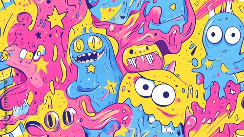 Colorful Seamless Pattern of Monster Doodles with Whimsical Characters and Vibrant Colors for Creative Designs