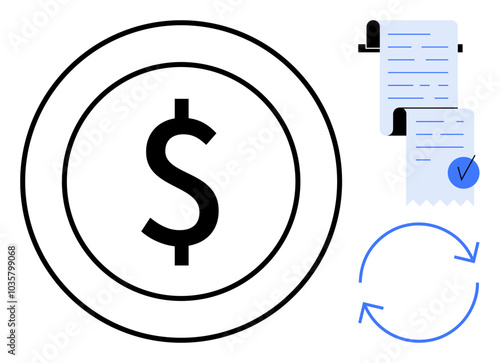 Dollar symbol in a circle, two receipts one checked and blue circular arrows indicating repeat. Ideal for economy, finance, accounting, transactions and budgeting themes. Simple vector style