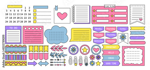 Hippie stationery set. Notebook pages, paper clips, to do list and memo. School or office stationery. Time management and planning. Linear vector collection