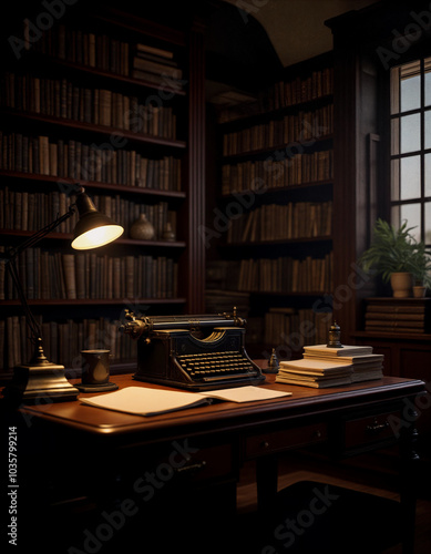 A vintage typewriter on a wooden desk in a cozy library illuminated by a warm lamp in the evening