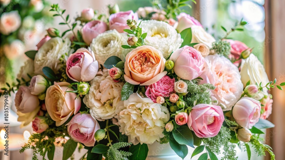 Beautiful wedding floral arrangement with roses, peonies, and greenery , wedding, floral, bouquet, arrangement, roses Beautiful wedding floral arrangement with roses, peonies, and greenery , wedding, floral, bouquet, arrangement, roses