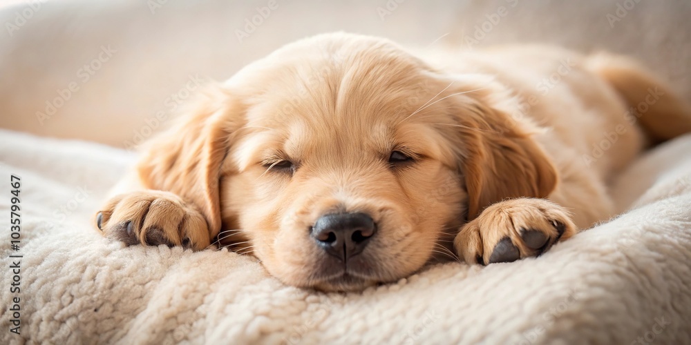 Adorable Golden Retriever Puppy Sleeping Peacefully on a Cozy Bed Tilted Angle Adorable Golden Retriever Puppy Sleeping Peacefully on a Cozy Bed Tilted Angle