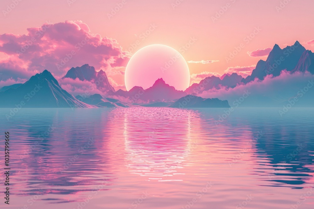 Fototapeta premium Pink Sunset Over Mountains Reflecting on Still Water
