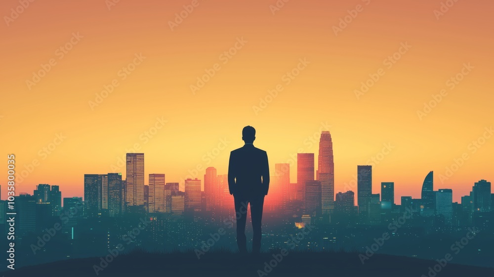 Businessperson Silhouette Against City Skyline at Sunset Businessperson Silhouette Against City Skyline at Sunset