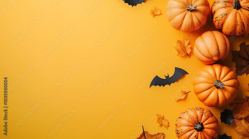 Vibrant orange pumpkins and bats create a festive Halloween scene. Vibrant orange pumpkins and bats create a festive Halloween scene.