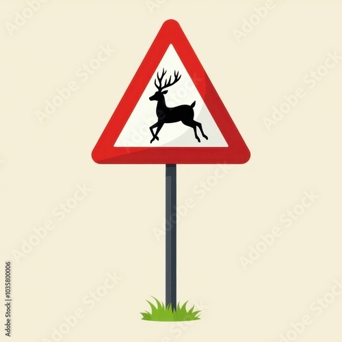 A warning sign indicating a deer crossing, featuring a yellow triangle with a black silhouette of a deer, alerting drivers to be cautious on the road