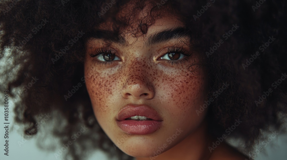 A close-up portrait of a model with unconventional beauty, freckles, and a bold hairstyle A close-up portrait of a model with unconventional beauty, freckles, and a bold hairstyle