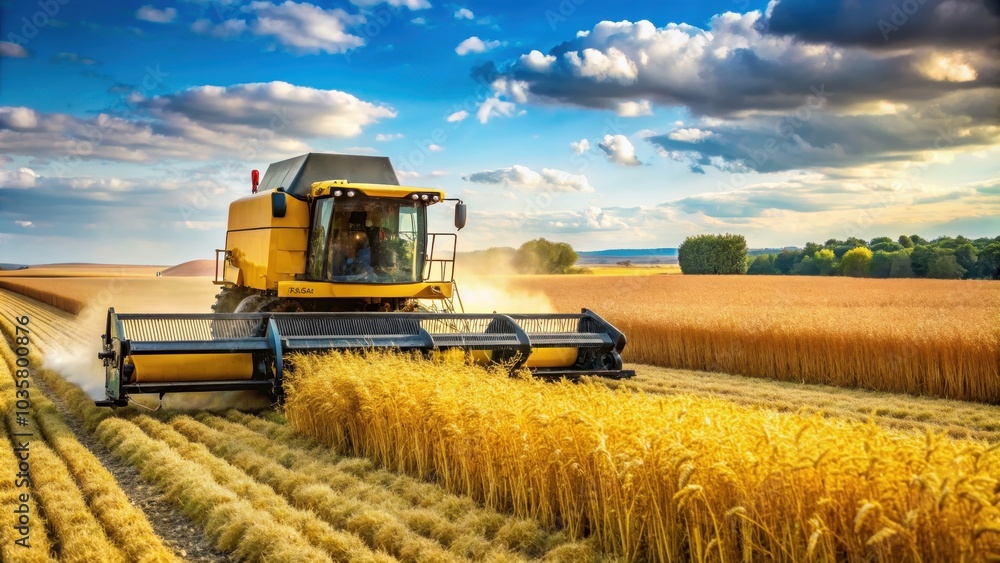 Fototapeta premium Agricultural machinery harvesting rapeseed in a field, agriculture, machinery, equipment, harvest, rapeseed, farming, tractor, combine