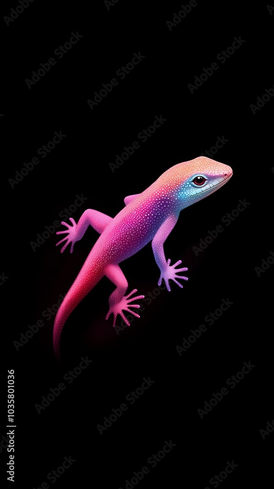 A pink-and-blue gecko sits atop a black surface Nearby, a red-and-blue gecko perches similarly A pink-and-blue gecko sits atop a black surface Nearby, a red-and-blue gecko perches similarly