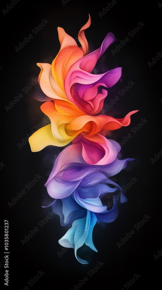 A multicolored object hovers above a black backdrop, mirrored below by its reflection in the image A multicolored object hovers above a black backdrop, mirrored below by its reflection in the image