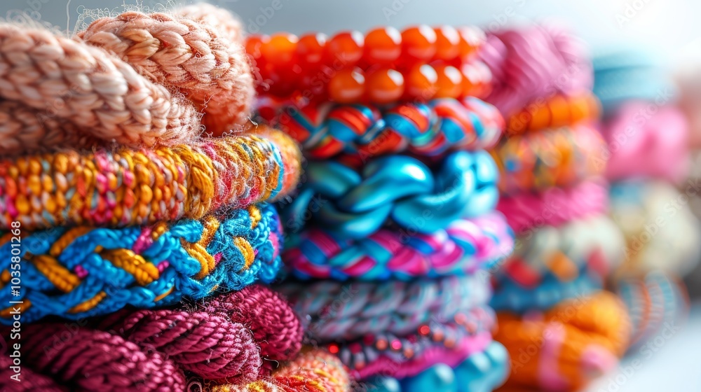 Colorful Handmade Bracelets in Various Textures and Patterns Displayed in a Row Colorful Handmade Bracelets in Various Textures and Patterns Displayed in a Row