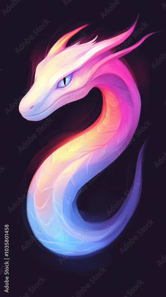 Obraz premium A vibrant snake against a black backdrop, featuring a head adorned with red, yellow, blue, and pink stripes