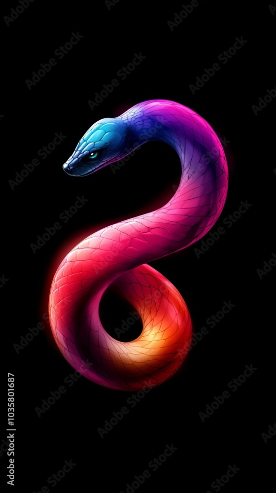 A colorful snake silhouetted against a black backdrop, its form shaped like an S A colorful snake silhouetted against a black backdrop, its form shaped like an S