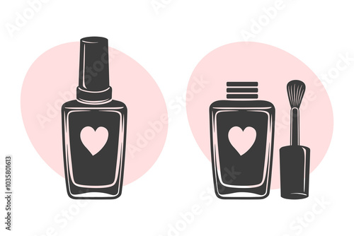 Nail studio logo. Nail polish bottles silhouette for manicure industry. Illustration for beauty salon