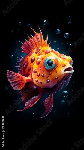  A tight shot of a fish with water bubbles on its dorsal fin against a black backdrop