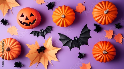 Colorful Halloween decorations featuring pumpkins and bats on a purple background.