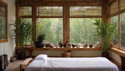 A tranquil massage room with natural decor and large windows overlooking a serene garden setting