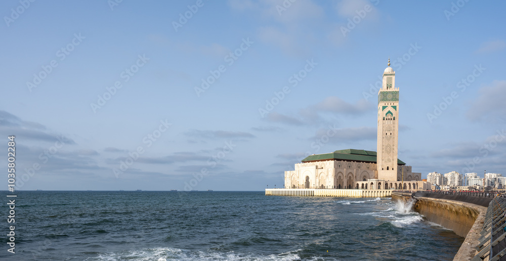 Casablanca, Morocco : The Hassan II mosque, also called the Great Mosque. Seascape, the Atlantic Ocean. Casablanca, Morocco : The Hassan II mosque, also called the Great Mosque. Seascape, the Atlantic Ocean.