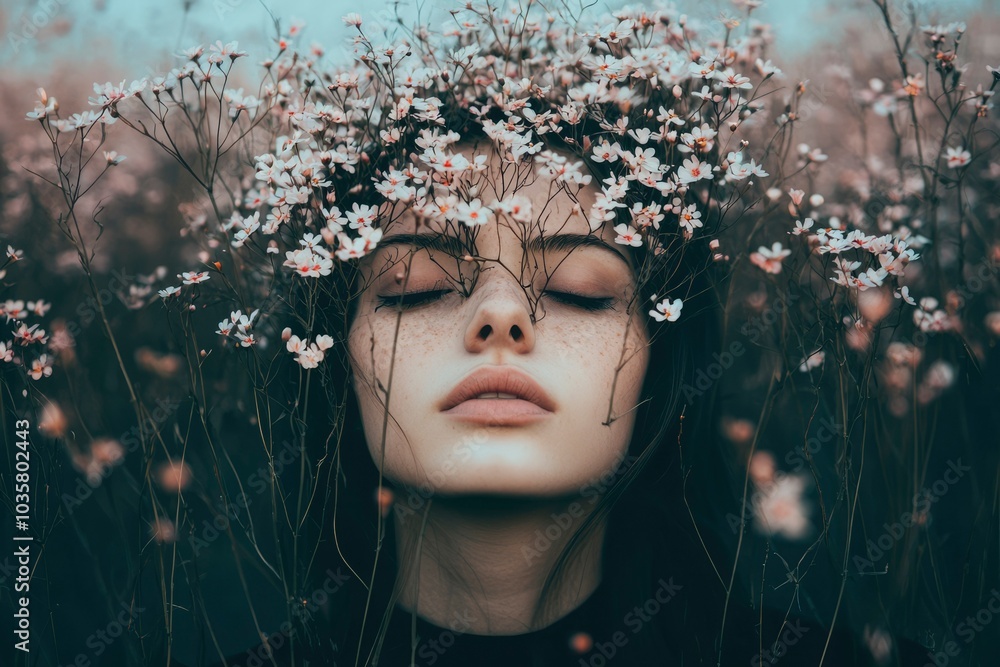 Woman with Closed Eyes Surrounded by Delicate White Flowers Woman with Closed Eyes Surrounded by Delicate White Flowers