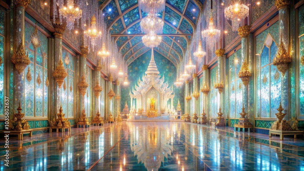 Serene Japanese-style painting of Wat Tha Sung with glittering glass halls and spiritual ambiance in soft tones Serene Japanese-style painting of Wat Tha Sung with glittering glass halls and spiritual ambiance in soft tones