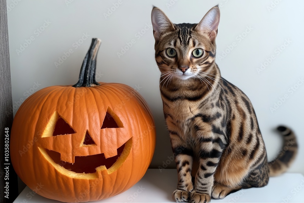Bengal Cat Next to Carved Pumpkin on White Wall. Cute Pet Video for Social Media Sharing. Bengal Cat Next to Carved Pumpkin on White Wall. Cute Pet Video for Social Media Sharing.