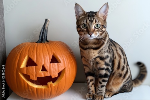 Bengal Cat Next to Carved Pumpkin on White Wall. Cute Pet Video for Social Media Sharing.