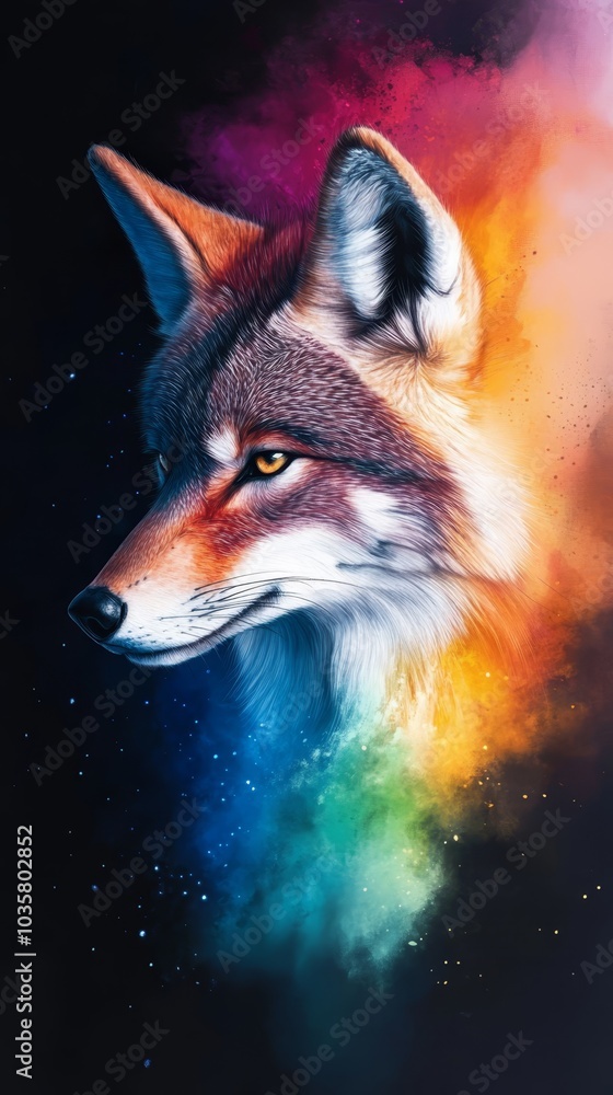 Fototapeta premium A painting of a fox's head with a rainbow palette and starlit backdrop
