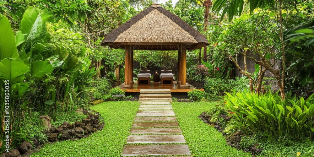 Obraz premium Stone pathway leading to a thatched roof hut.