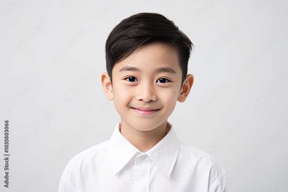 Portrait of young asian boy in white shirt on white background Portrait of young asian boy in white shirt on white background