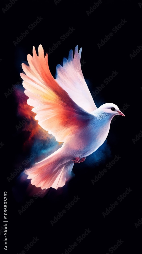 A vibrant bird flies, wings extended, body adorned in red, white, and blue hues A vibrant bird flies, wings extended, body adorned in red, white, and blue hues