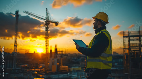 A site engineer standing on a construction site holding a tablet and looking at machinery in the distance