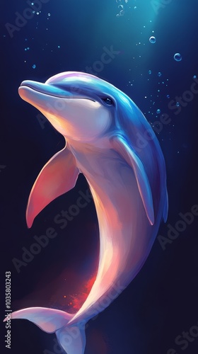  A painting of a dolphin with its mouth agape, releasing bubbles as it swims in the water photo