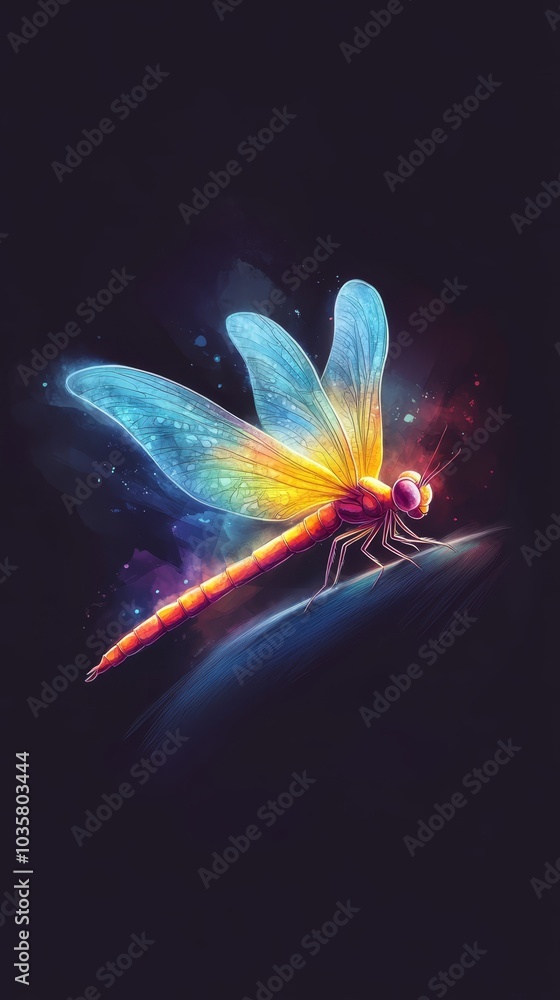 A dragonfly flies across the night sky, its wings spread out, above a glowing body of water in the foreground A dragonfly flies across the night sky, its wings spread out, above a glowing body of water in the foreground