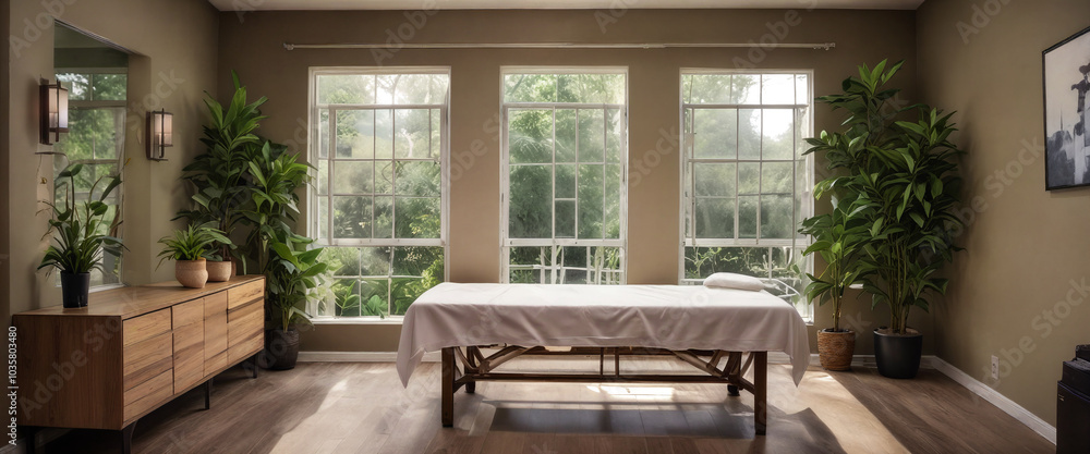 Tranquil massage therapy room with natural light and lush greenery in a wellness center during a serene afternoon Tranquil massage therapy room with natural light and lush greenery in a wellness center during a serene afternoon
