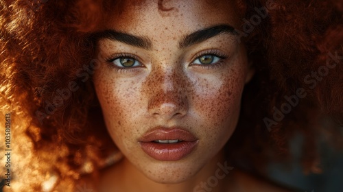 A close-up portrait of a model with unconventional beauty, freckles, and a bold hairstyle