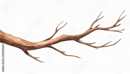  Isolated watercolor depiction of a brown, dry tree branch without leaves, showcasing a straight twig against a white backdrop. photo