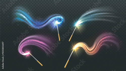 Realistic magic wands set. Witchcraft and sorcery, magic. Sticks with colorful effect. Fire and flame, sparks. Miracle and surprise. 3D vector collection