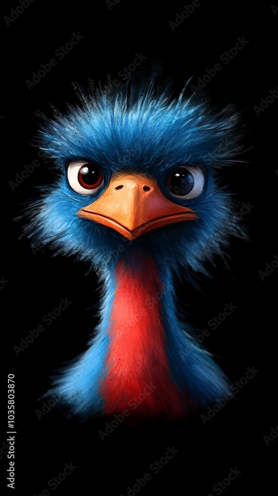 Fototapeta premium A tight shot of an ostrich's head against a black backdrop, with red, blue, and black accents