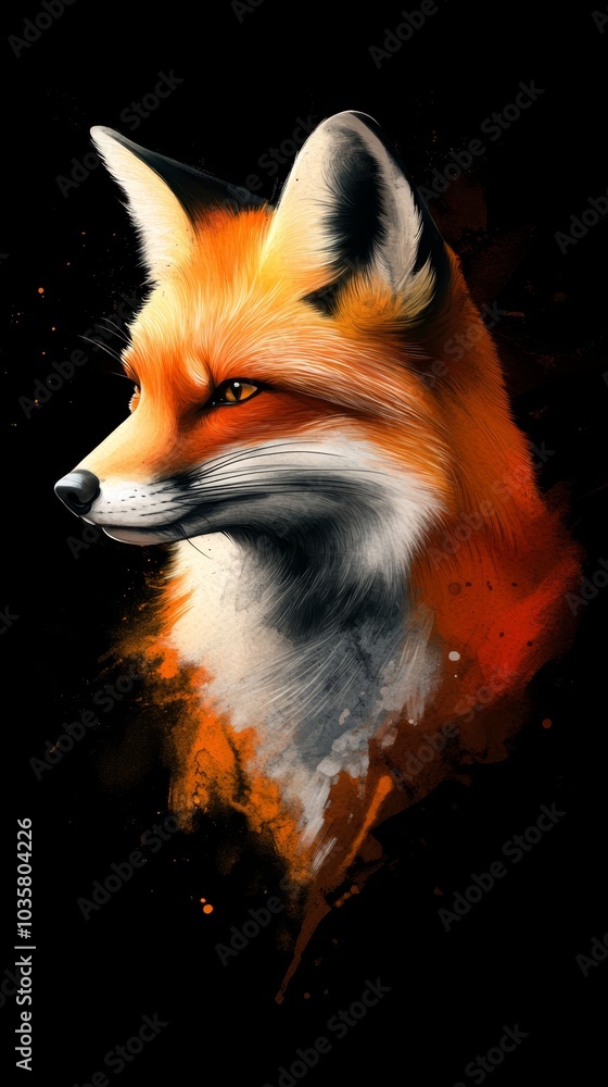 Fototapeta premium Close-up of a fox's face against black backdrop with orange and white paint splatters
