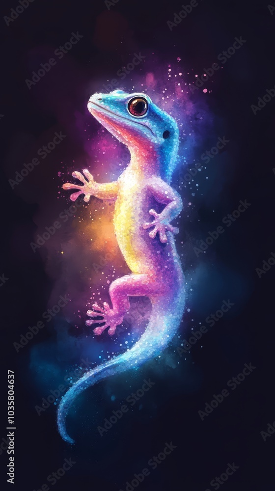 A lizard, displaying rainbow hues and blue, stands erect on hind limbs A lizard, displaying rainbow hues and blue, stands erect on hind limbs