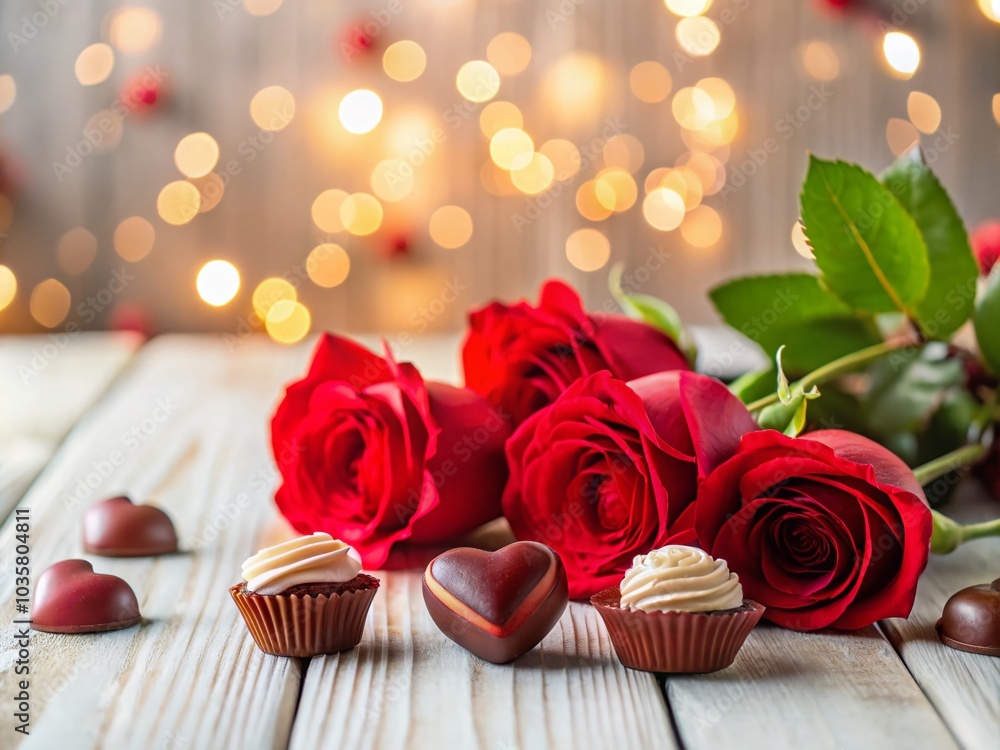 Romantic Valentine's Day Setting with Roses and Chocolates on White Wooden Table Top View