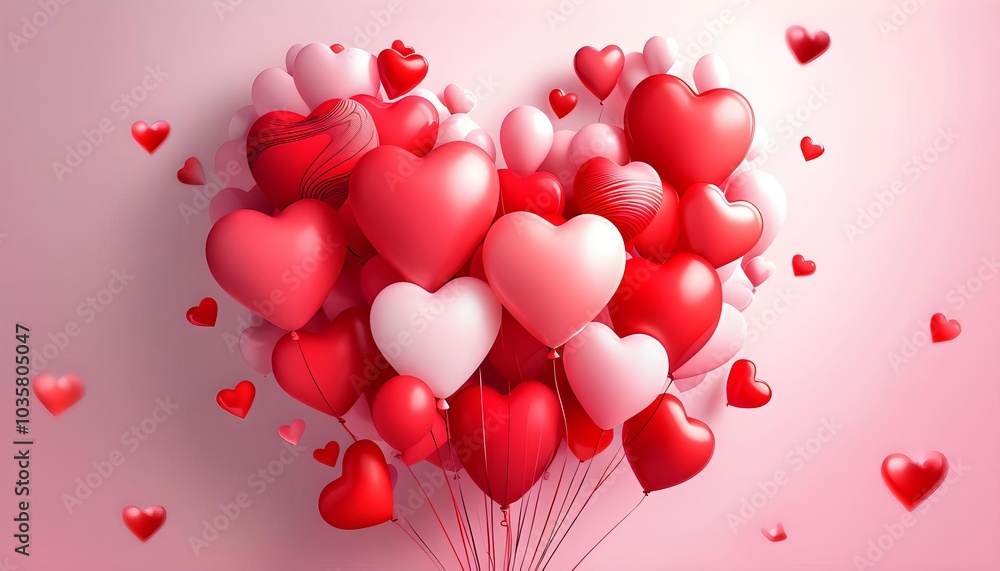 Heart-shaped balloons cluster in red and pink hues, romantic design, Valentine's Day card Heart-shaped balloons cluster in red and pink hues, romantic design, Valentine's Day card