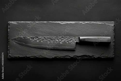 A Black Knife on a Black Slate Cutting Board photo