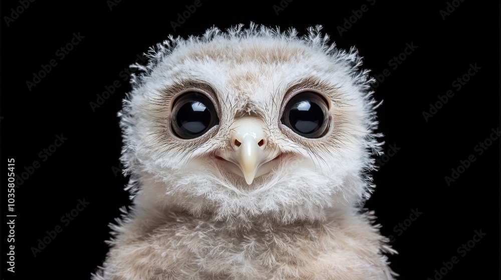 Obraz premium Adorable baby owl with wide eyes and soft, fluffy white feathers, gazing curiously at the camera