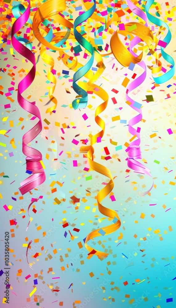 Vibrant Abstract Birthday Background with Colorful Confetti and Ribbons for Celebration Design Vibrant Abstract Birthday Background with Colorful Confetti and Ribbons for Celebration Design