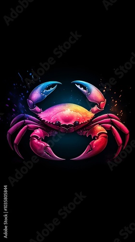  A vibrant crab against a black backdrop, water splashes on its shell, two distinct eyes gaze from its face photo