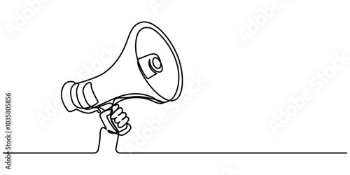 Continuous line drawing Holding by hand  megaphone Speaker Single Line Icon vector illustrations, One line hand with megaphone. Person hold loudspeaker in continuous lines style. Symbol of sale